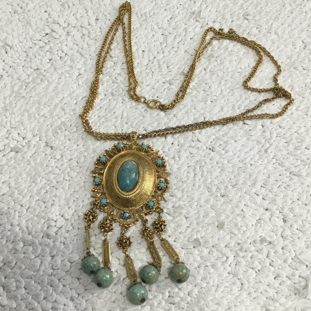 Vintage Etruscan Revival Faux Turquoise Glass Cabochon Necklace